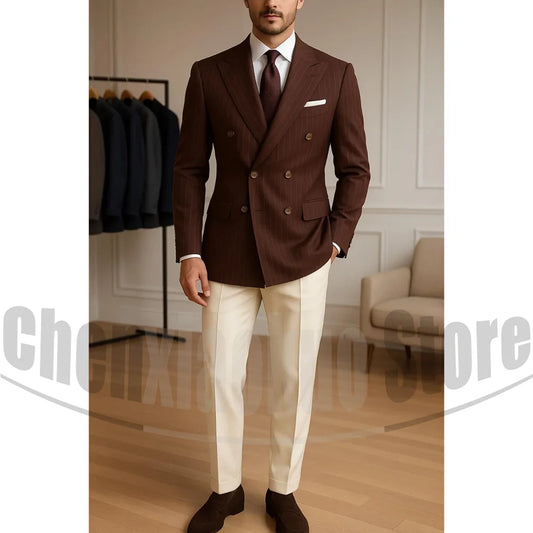 Brown Striped Double-Breasted Two-Piece Business Suit | Classic Gents