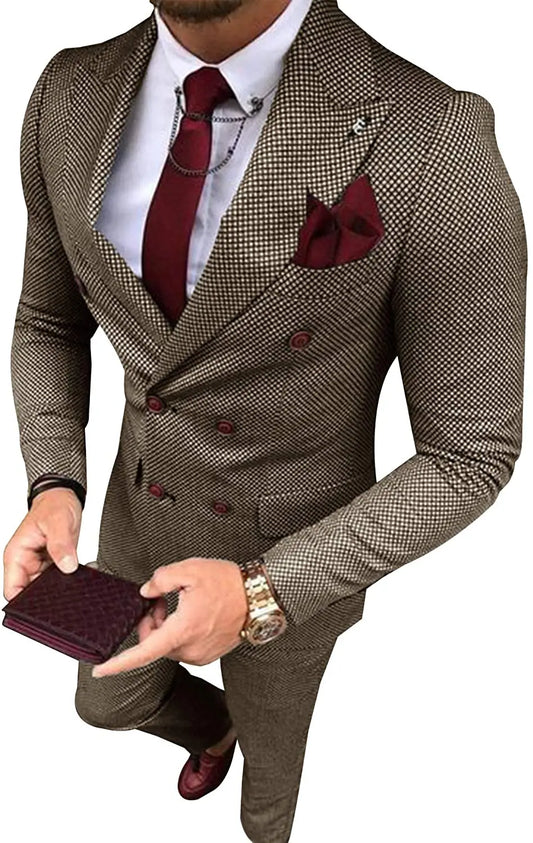 Brown Plaid Double-Breasted Two-Piece Business Suit | Classic Gents