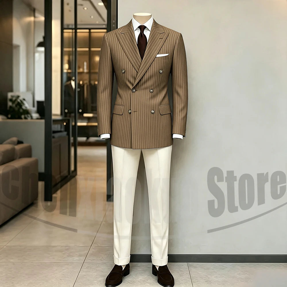 Brown Striped Double-Breasted Two-Piece Business Suit | Classic Gents