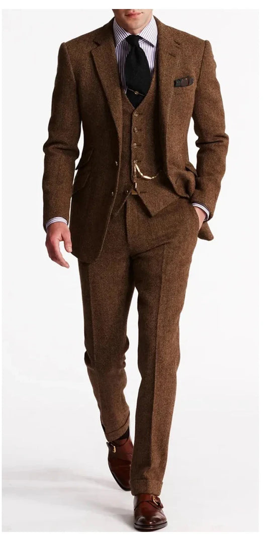 Brown Herringbone Three-Piece Business Suit | Classic Gents