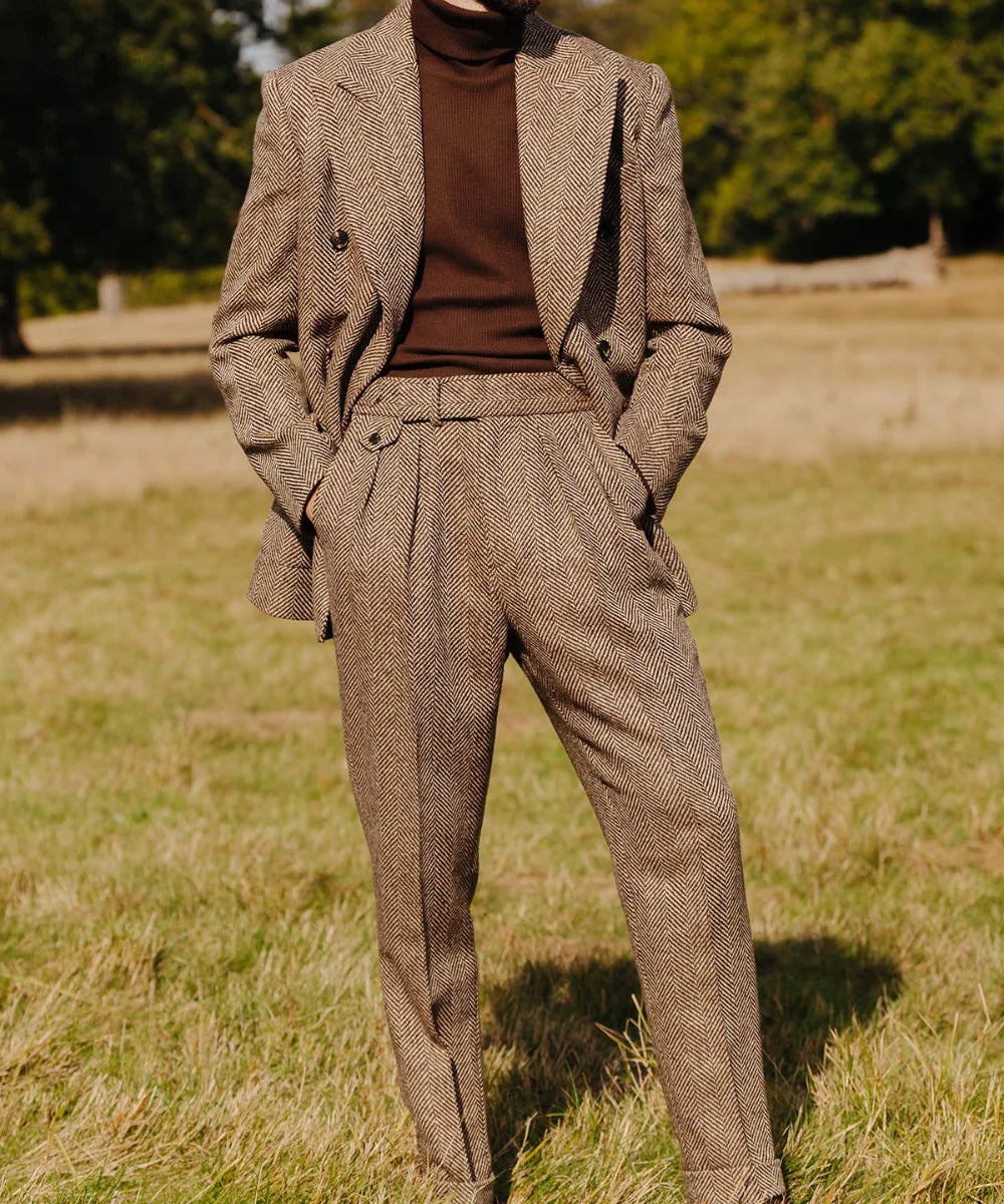 Brown Herringbone Double-Breasted Two-Piece Business Suit | Classic Gents