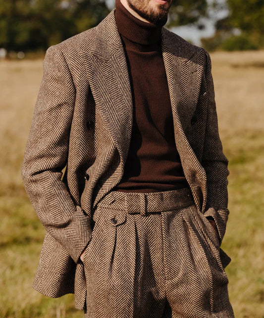 Brown Herringbone Double-Breasted Two-Piece Business Suit | Classic Gents