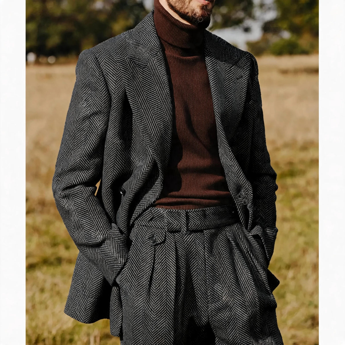 Brown Herringbone Double-Breasted Two-Piece Business Suit | Classic Gents