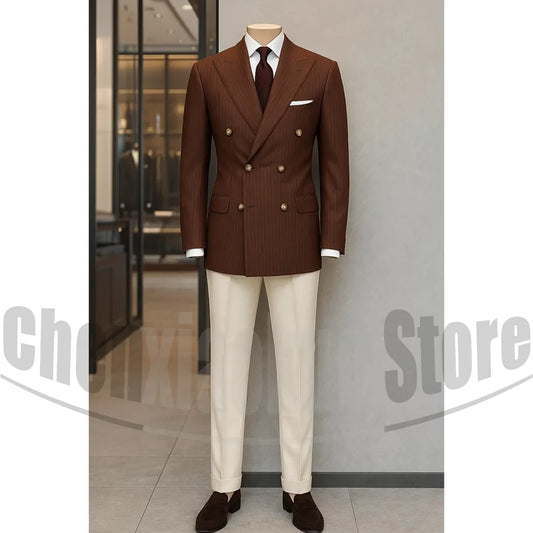 Brown Striped Double-Breasted Two-Piece Business Suit | Classic Gents