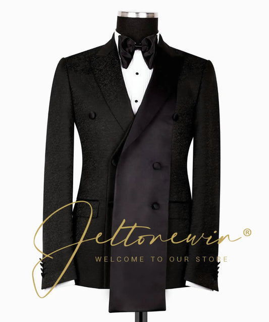Black Textured Peak-Lapel Two-Piece Business Suit | Classic Gents