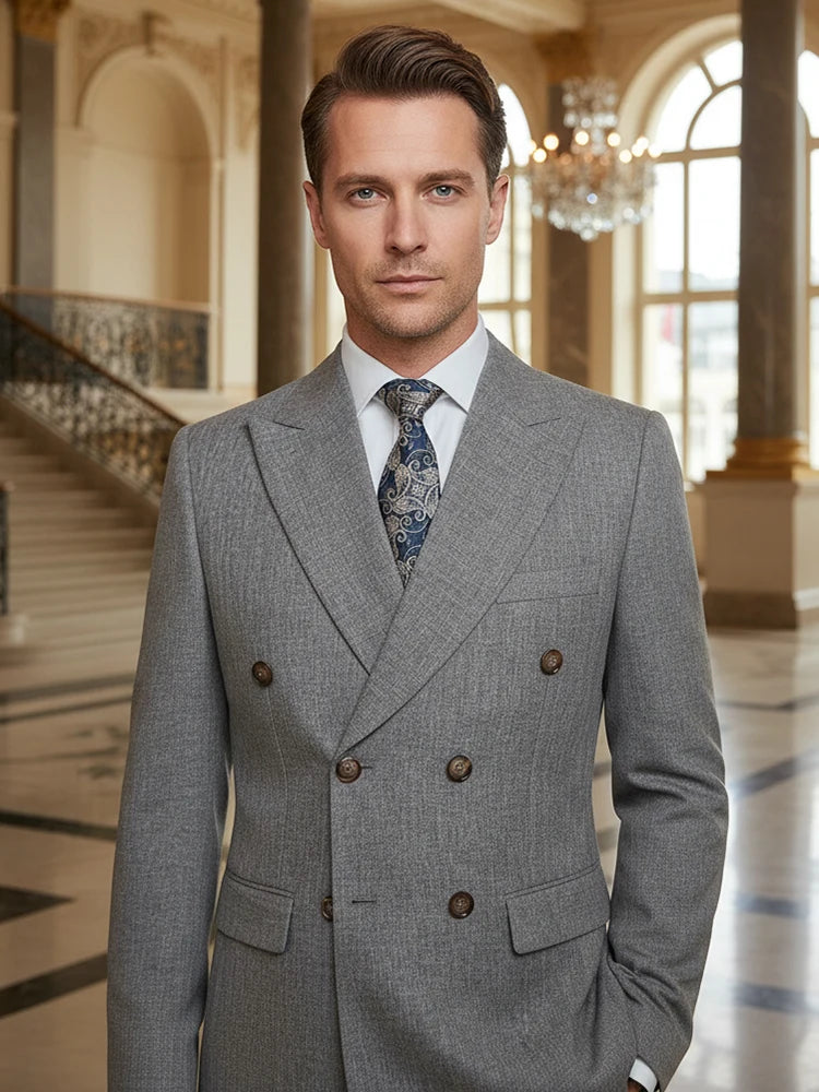 Men’s Oat-Grey Double-Breasted Two-Piece Suit | Classic Gents