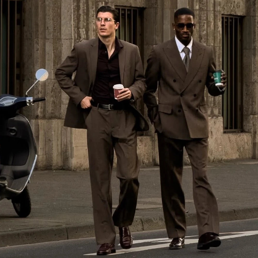 Crisp Brown Double-Breasted Two-Piece Business Suit | Classic Gents